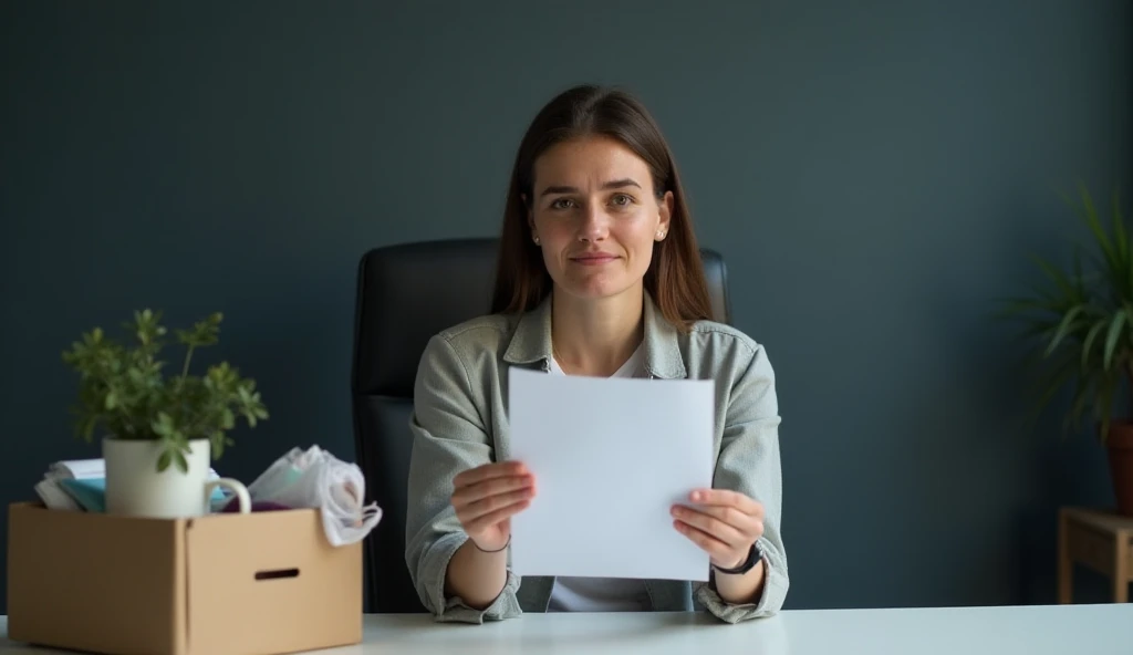 An image of A person sitting in an empty office, holding a letter of dismissal in his hands. Her expression shows a mixture of surprise and concern. Next to her, a box with her work belongings: a mug, some documents and a small plant. The lighting is dim, ...