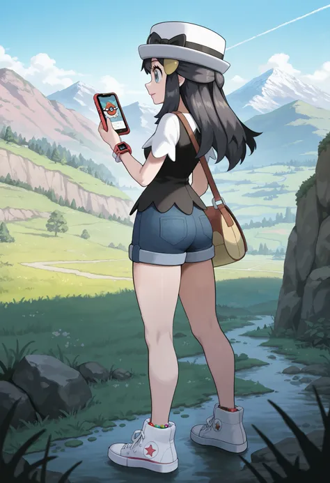 masterpiece, best quality, amazing quality, very aesthetic, absurdres, newest, scenery,highly detailed,high-resolution,low-angle shot,female,woman,dawn/hikari,pokemon diamond pearl,dark-navy hair,long hair,aquamarine eyes,fair skin,glossy texture,pink lips...