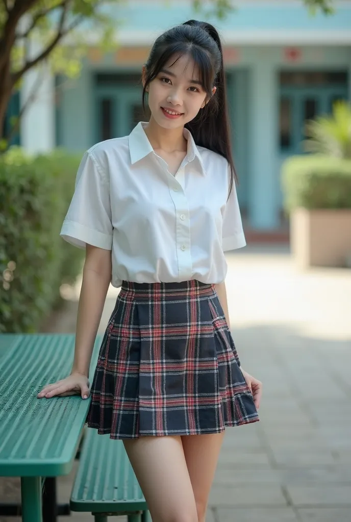 Real photos High-quality Realistic of thai woman, Beautiful girl (((large breast , big breast , nsfw))) , Best Quality, 20 years old thai girl in a school uniform astanding near a green metal table,  She is wearing a white shirt(((large breast , big breast...