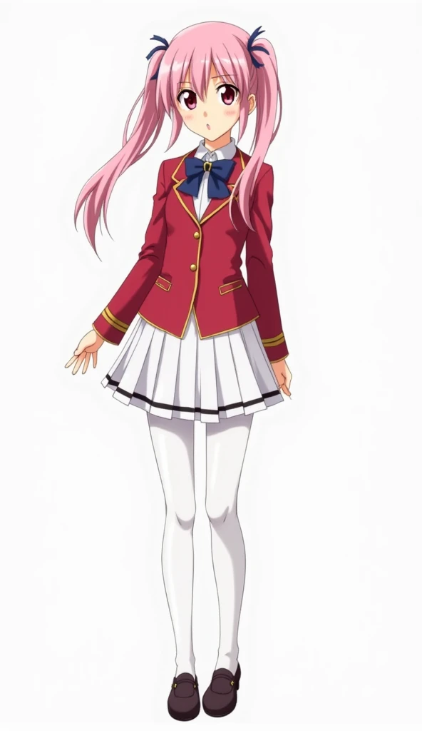 Japanese anime adolescent woman with long smooth dark pastel pink hair with two pigtails and short locks and intense magenta eyes and wears a school uniform consisting of a red blazer with gold trim, a white shirt with a dark blue bow, a short white skirt ...