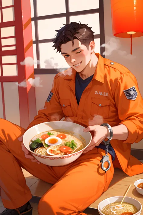 handcuffs　 prisoner uniform　adult male　Eat ramen with a smile