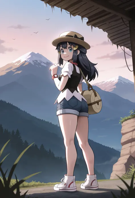 masterpiece, best quality, amazing quality, very aesthetic, absurdres, newest, scenery,highly detailed,high-resolution,low-angle shot,female,woman,dawn/hikari,pokemon diamond pearl,dark-navy hair,long hair,aquamarine eyes,fair skin,glossy texture,pink lips...