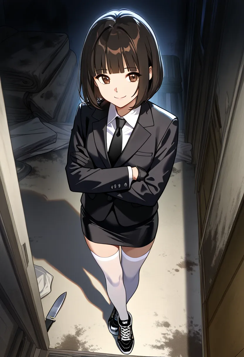 solo, alone, brown eyes, brown hair, blunt bangs, black hair, black glove, dirty house room, long sleeves, night background , black blazer, knife, black pencil skirt, black mini skirt, bob cut , standing, front view, black tie, smile, legs crossed, view fr...