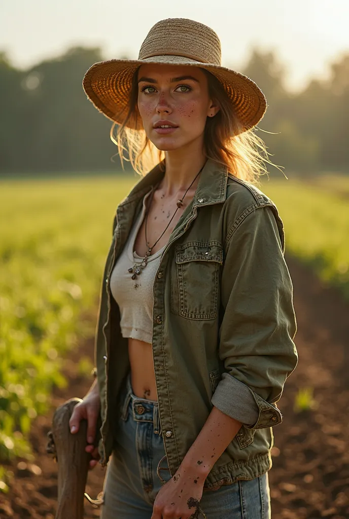 Create a light brown woman, green eyes,  Thin Lips, thin eyebrows, big boobs, slim and defined athletic body, big jacket, with a straw hat over her head, working with a hoe in hand in a field, All dirty with dirt and looking at the Sun,  realistic photo 