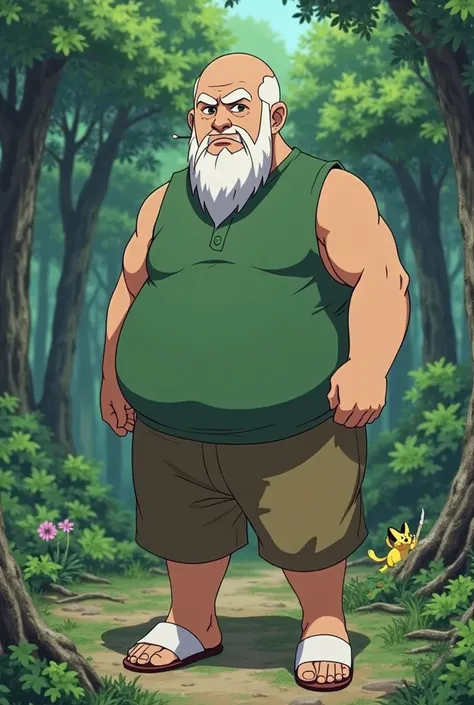 Personagem de Pokemon, an adult in a green outfit, Bald with a full beard, Tall and a bit chubby, serious expression, some brown shorts and white slippers. He has a toothpick in his mouth. In the background a dense and very green forest. No Pokémon in the ...