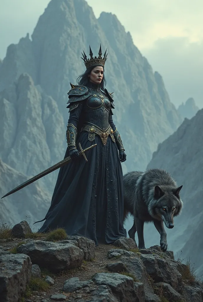 The Dark Queen, with a crown on her head, a sword in her hand, and a handsome gray wolf in armor, went up the mountain.