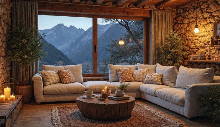 Image depicting a cozy living room, Surreal photo with sad dark night theme . Room with large windows overlooking the mountain landscape outside the sad dark night sky. Inside there are white sofa cushions upholstered in rough linen decorated with Picture ...