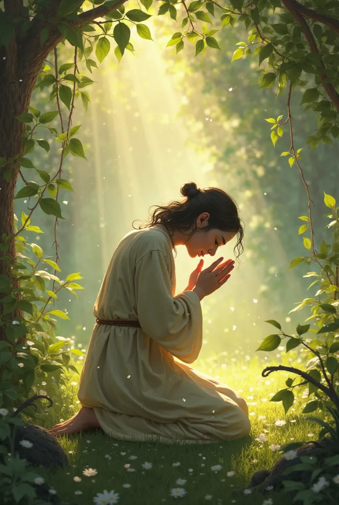 A person kneeling in prayer in a serene environment.

