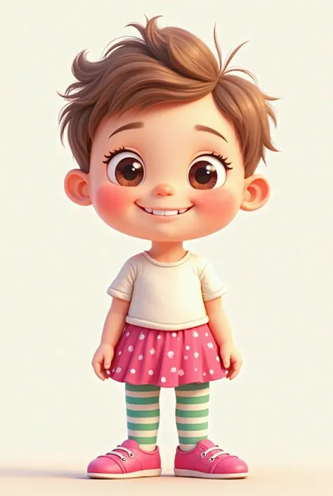 Create a mascot of a baby standing white skin short hair smiling short sleeve white dress with dark pink polka dot skirt pink shoe and green and white striped tights 