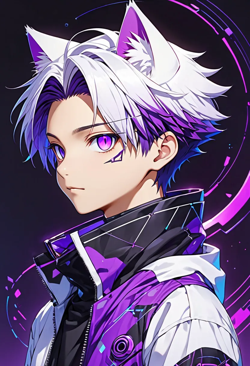  anime boy his from Cyber Boy he was science has different color one eye purple and one eye dark blue and His clothes are dark purple and white most cute Cyber Cat