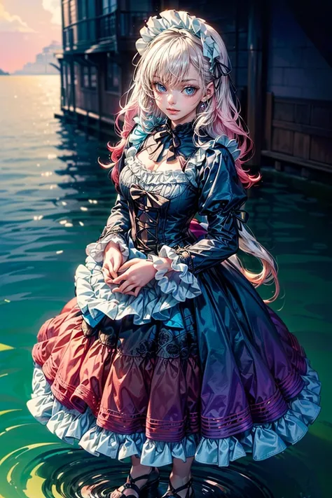 Front View of a person, Full-body Shot of a person, standing on the surface of water in 4K resolution, around 20 years old, (one female:1.5), smiling, (light pink hair:1.0, fluffy hair:1.0, long hair:1.0, half-up style:1.5 pale-tone pink hair, (light blue ...