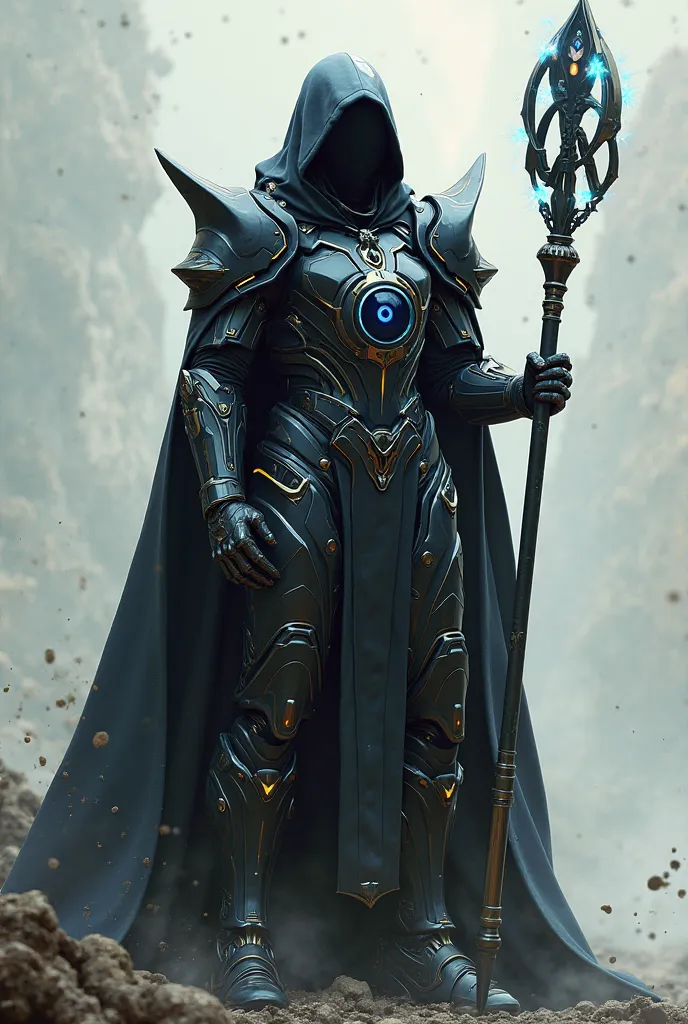 A mage clad in high tech armor, wearing a full faced helmet and holding a staff, full body, cyberpunk style, low detail, no background