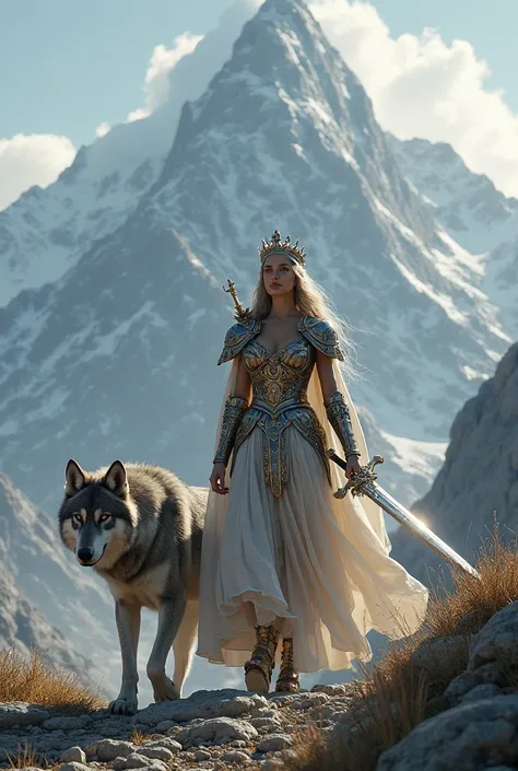 The queen went up the mountain with a crown on her head, a sword in her hand, and a handsome gray wolf in armor.