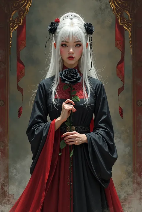 creates a girl of about , platinum white hair slightly over her shoulders, bloodshot eyes, cold facial expression, and wearing a red-black dress like the noble ladies. The right hand is holding a sharp black rose, its black color is mysterious and seems to...