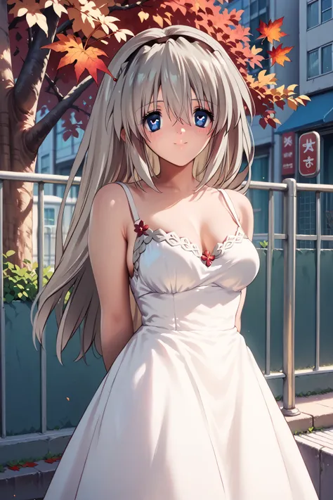 woman、 beautiful and well-groomed breasts 、Silver Hair Long Hair、rich contrast、 Extremely High Quality 、8k、Very Delicate CG Unit、Wallpaper Ultra Wide Angle、1woman,small eyes,bangs between eyes,medium breasts,
White dress,off shoulder dress,city,street,tree...