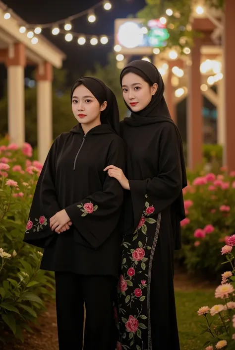 Handsome and beautiful young Korean couple,women wear matching black hijab with long dresses with long sleeves with intricate rose embroidery detail on each piece,handsome man standing next to her wearing matching clothes,background of all beautiful flower...