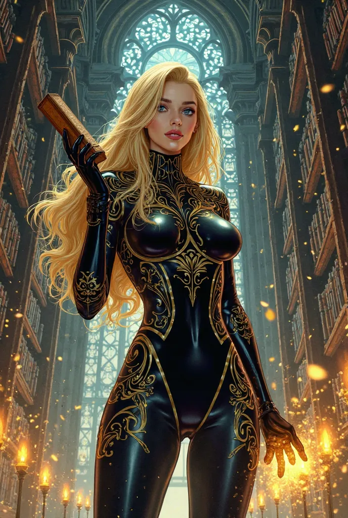 "A highly detailed DC Comics-style illustration mixed with Japanese manga aesthetics: A stunning blonde woman with piercing blue eyes stands in a massive gothic library, bathed in dim golden light. She wears a sleek black and gold bodysuit with intricate e...