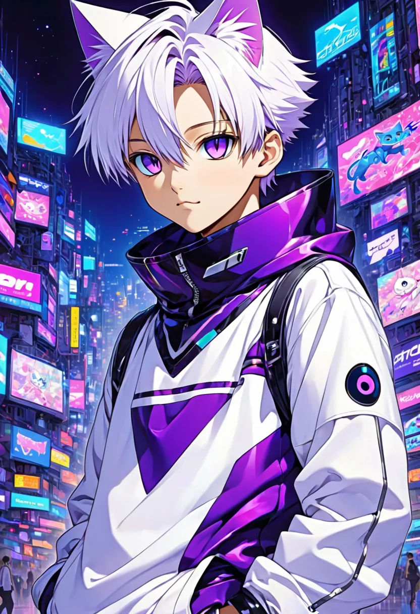 The anime boy from Cyber Boy was a world and had a different color, one eye was purple, another eye was dark blue and his clothes were dark purple and white, the most adorable Cyber cat