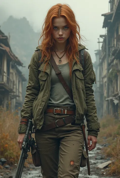 19 year old girl with ginger brown hair wearing a jacket and cargo pants in a post apocalyptic word and a sword 