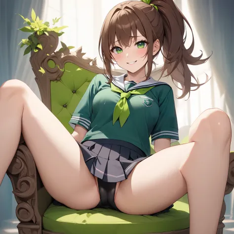 High resolution, high quality, HD, beautiful female, 1 female, beautiful, ager, mischievous, smiling, medium breasts, brown hair, ponytail hairstyle, green colored eyes, school uniform, slutty, sexy, spread legs, sitting on a throne