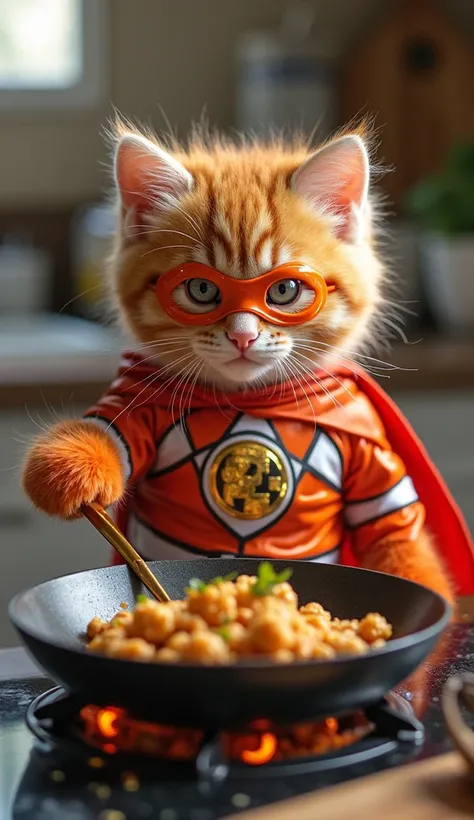 kitten (kitten cat orange, cute, dressed like power ranger) menggoreng tempeh di wajan