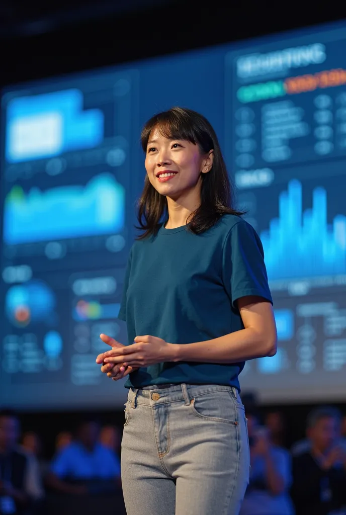 A realistic high-resolution photograph of an Asian woman with shoulder-length black hair and soft bangs, wearing a deep ocean blue t-shirt and well-fitted light gray fabric pants. She is confidently presenting a digital platform on stage with a large scree...