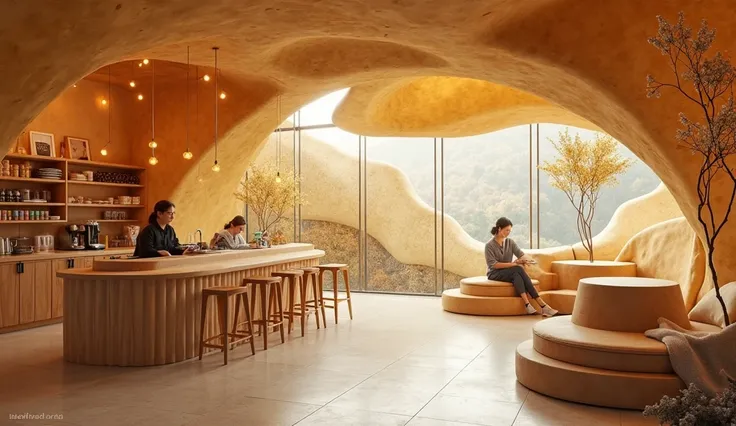 The innovative and biophilic style coffee shop design is inspired by the graceful Squiggling of yellow-brown Dipterocarpus alatus flowers, creating a warm and poetic atmosphere. The architecture mimics the delicate movement of falling petals, with curved w...