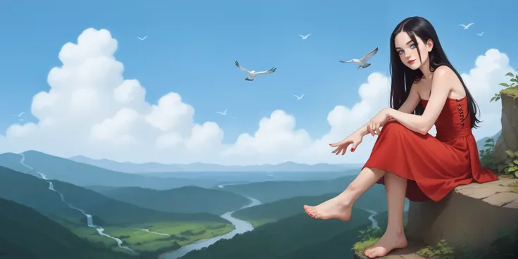 A age girl sitting on a cliff, long red dress , straight black hair, Very long hair, freckles, detailed ribs, flat breasted, Medium and pointed breasts, full body, small bare feet, red lips, eyeliner, smile, waterfall, clouds, blue sky, perfect nails...