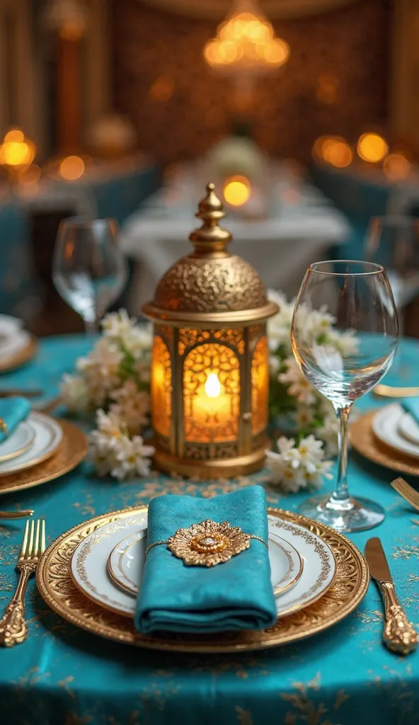 A hyper-realistic, cinematic 4K close-up of an elegantly set table in a Jasmine-inspired restaurant, embodying a perfect fusion of Middle Eastern luxury and modern fine dining. The table is draped in a rich turquoise-blue silk tablecloth with intricate gol...