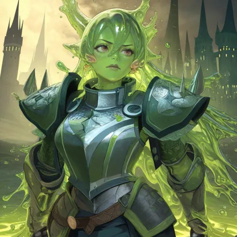 masterpiece, best quality, absurdres, slime girl, 1girl, (chibi:1.2), serious, (armor:1.2), green skin, slime hair, solo, castle, safe