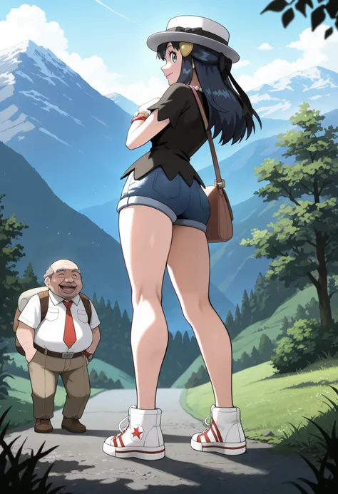masterpiece, best quality, amazing quality, very aesthetic, absurdres, newest, scenery,highly detailed,high-resolution,low-angle shot,female,woman,dawn/hikari,pokemon diamond pearl,dark-navy hair,long hair,aquamarine eyes,fair skin,glossy texture,pink lips...