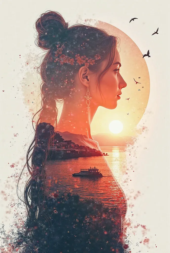 high quality, 8K Ultra HD, A beautiful double exposure that combines an goddess silhouette with sunset coast, sunset coast should serve as the underlying backdrop, with its details incorporated into the goddess , crisp lines, The background is monochrome, ...