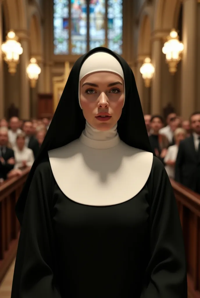  realistic photo, high resolution ; in a church, At mass time ; A sexy nun