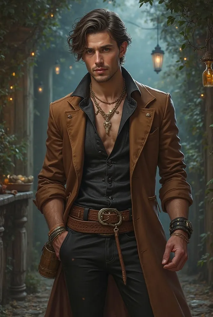 Charming dressed in short brown and black with necklace and bracelet and small bottle man