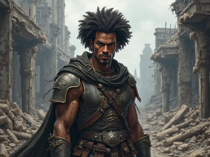 General Afro male face curly hair in a destroyed kingdom realistic medieval anime style 