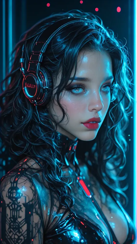   Cyborg female character with headphones and transparent futuristic glasses,  long curly hair in black color ,   blue eyes,  red lips with transparent clothes , details in transparent white latex, in a cyberpunk world 