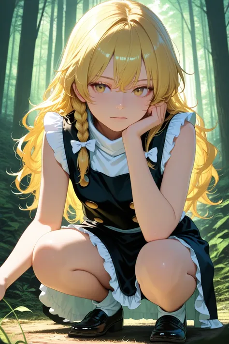 Skirt, shorts under skirt, short leggings, short dress, Kirisame Marisa, no hat, sleeveless, H squatting solo