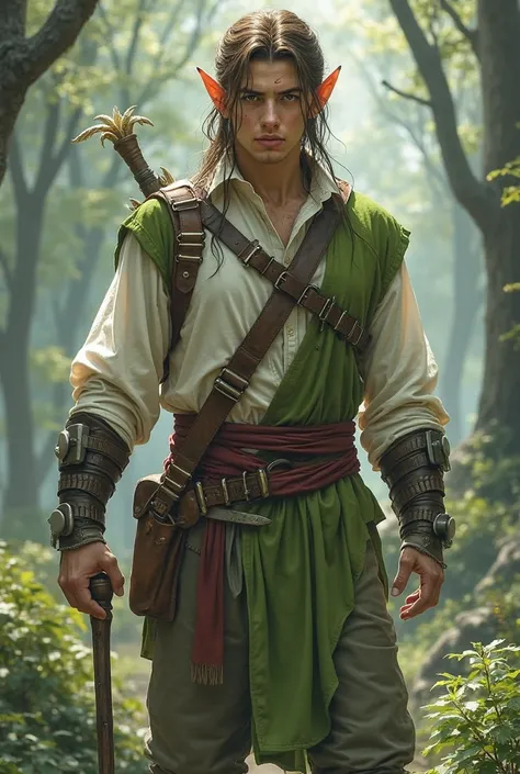 I want you to create an image of a 32-year-old Elf who is Moge and who will master all the elements. He has a red band around his waist and his white and green clothing. He has white skin and green eyes and brown hair. he has an axe around his waist and ca...