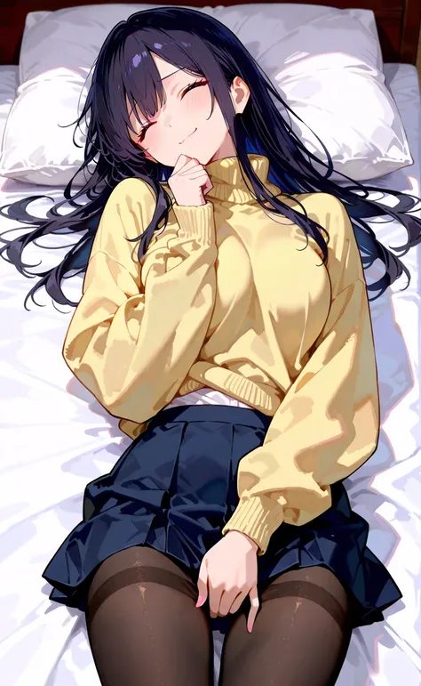 A beautiful, long-haired girl with a perfect body figure, wearing a turtleneck sweater, black opaque tights, and an ultra-mini skirt, is taking a nap in bed while her hand is placed on her crotch. She looks nervous but happy, with her eyes closed and mouth...