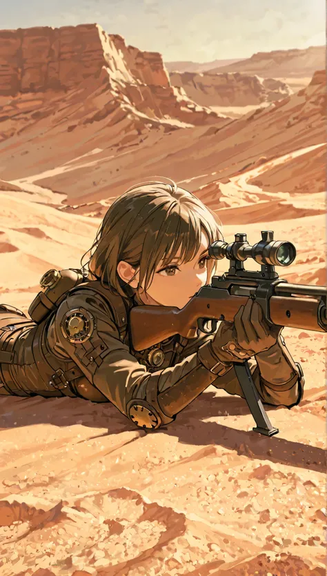 1woman、rifle, aiming, Tension , focus, sniping, combat,rider suit、Steampunk style picture,desert, lying prone, front shot, ground-level shot,