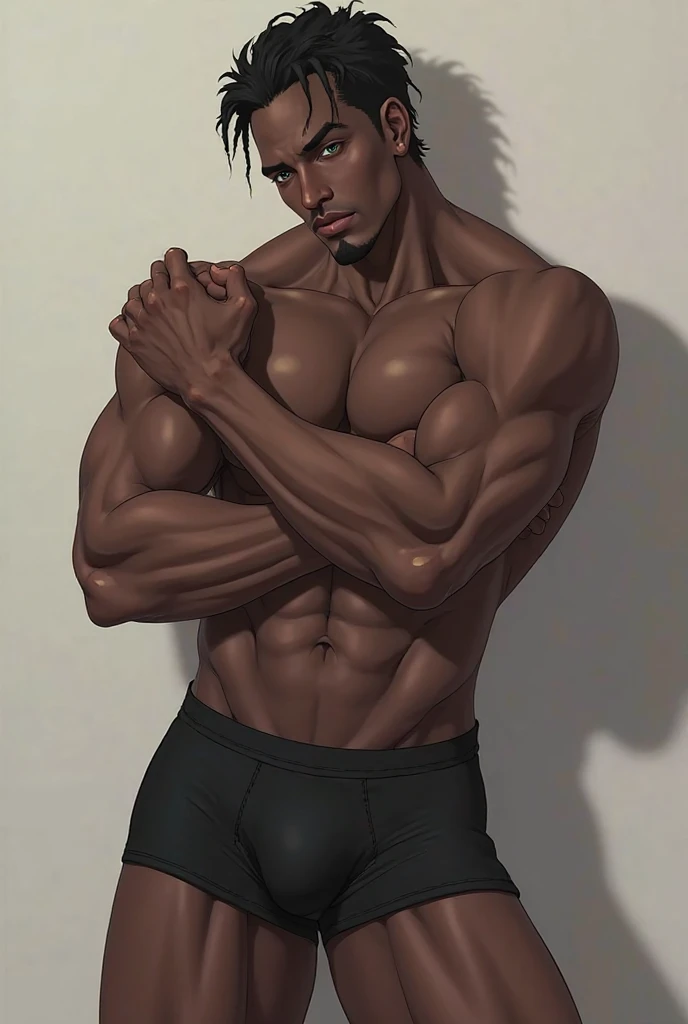 A black anime man with black boxer briefs, green eyes and a defined abdomen stroking his penis. 