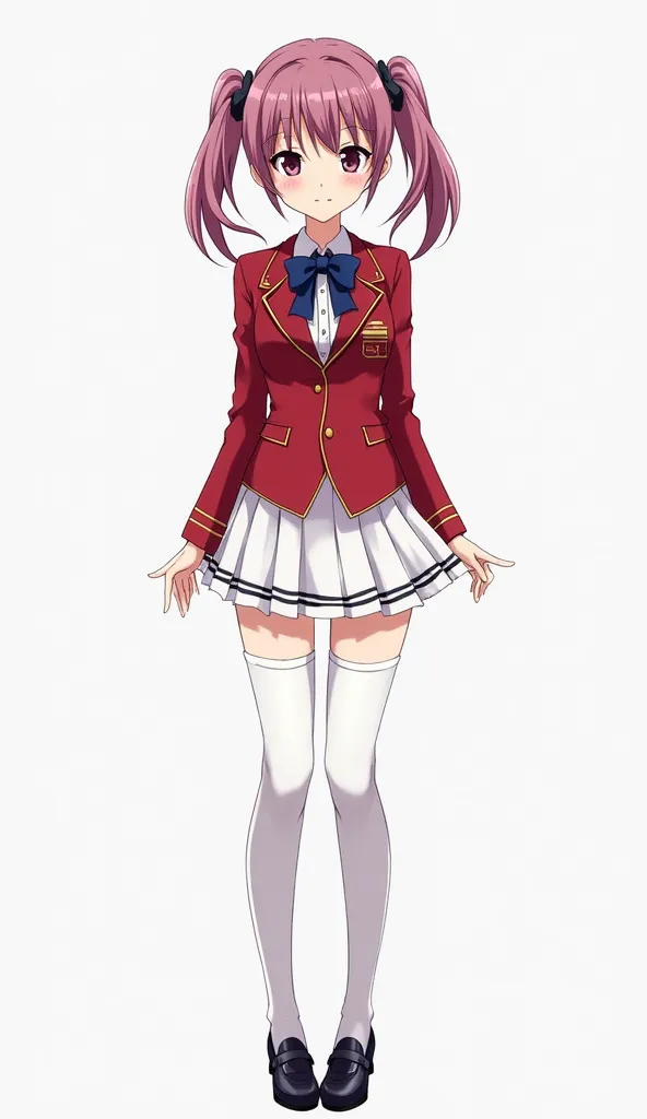 Japanese anime adolescent woman with long smooth dark ash pink hair with two pigtails and short locks and intense magenta eyes and wears a school uniform consisting of a red blazer with gold trim, a white shirt with a dark blue bow, a short white skirt wit...