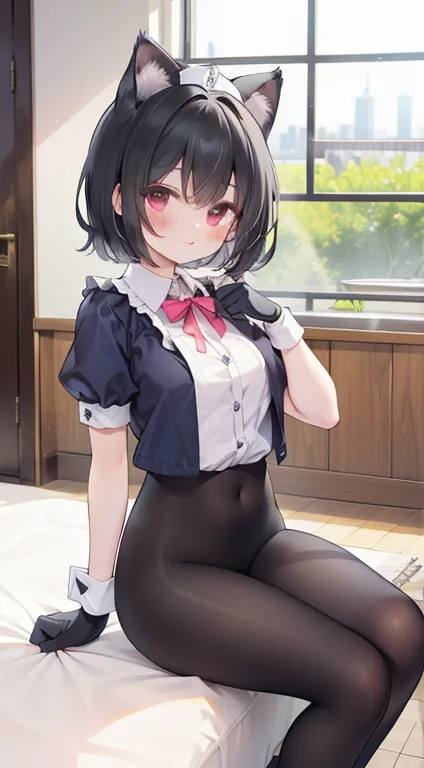  wearing beautiful clothes （the maid outfit），maid nurse ，，， This cat is cute ，Cat ears，coda， wearing a ball-shaped headdress，Hair，（Gloves）， lace pantyhose ，动态posture，Photograph，posture，Sit posture，floor，indoors，City，full body photo， up close，Lie down，white...