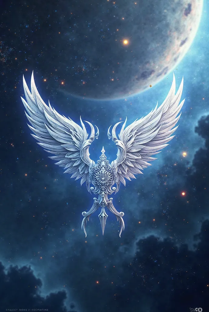 A game logo with the name Celestials with wings in the corner and space background