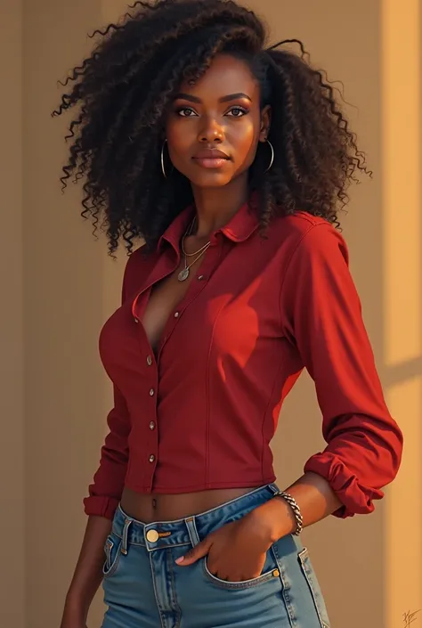 arafed woman in a red shirt and denim shorts posing for a picture, digital art by Quinton Hoover, trending on cg society, digital art, brown skinned, with brown skin, dark skinned, beautiful city black woman only, dark brown skin, sexy girl with dark compl...