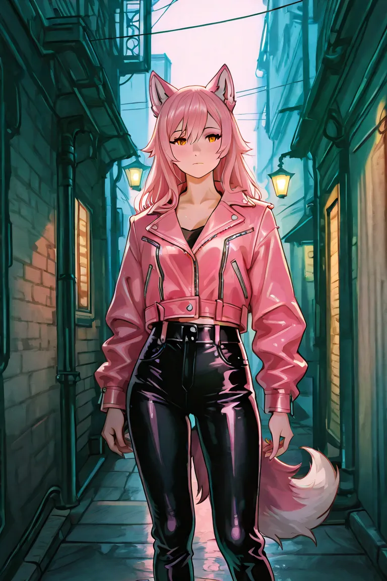 Female furry wolf wearing pink leather jacket black leather pants 