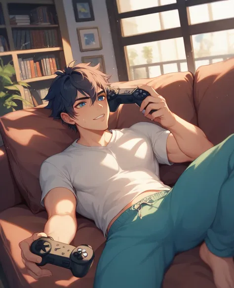 ren between the ages of 8 and 12 hold the、ren playing video games while lying on the sofa。game controller firmly、they are obsessed with games with a focused expression。has a warm atmosphere、Soft lighting illuminates。and the living room has a warm atmospher...