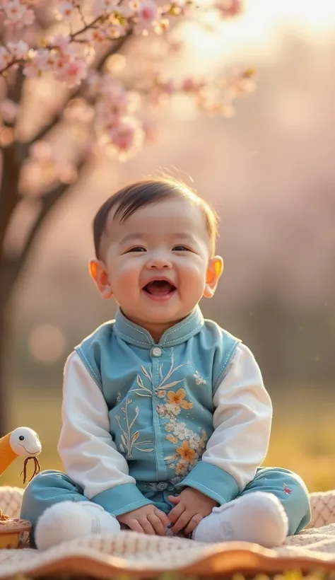 Photo of an adorable newborn boy wearing a blue and white ao dai for the year 2025. He is sitting and playing and laughing happily next to a cute white and yellow chi pi snake with no commandments, next to a peach blossom tree, a New Year's calendar, and V...