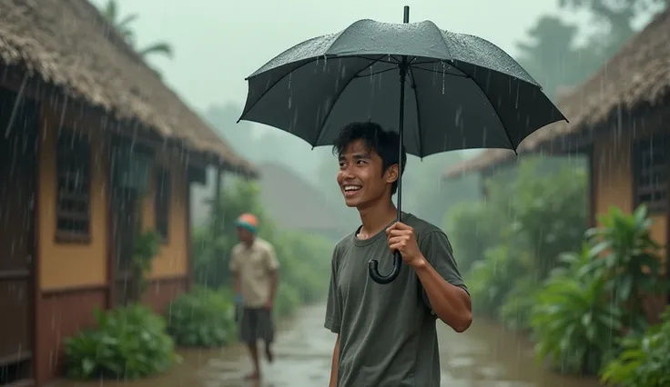 A young man in rural Indonesia gives an umbrella when it rains, but he himself gets soaked.