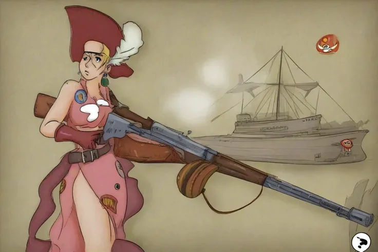 (studio ghibli) Jessica Rabbit (air ship pirate, sexy pirate outfit Valley of the wind motif, patch over one eye, steam powered rifle, confident, sultry), airship has Valley of the wind aesthetics, she is questioning her captive Nausicaa